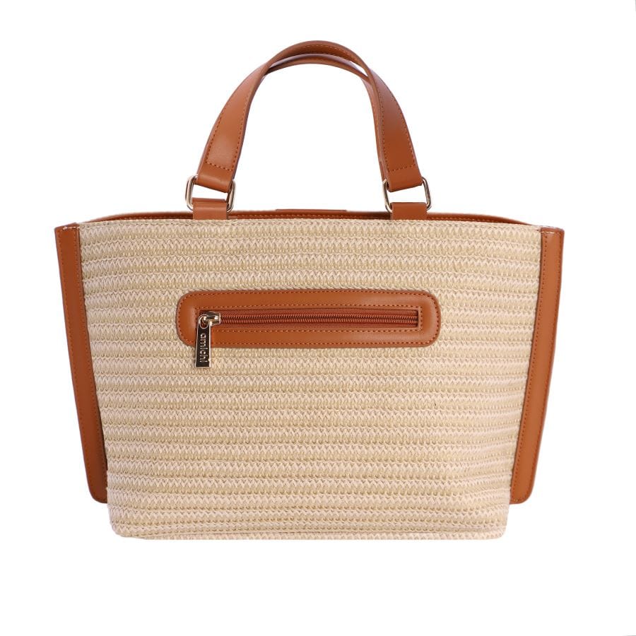 Bolso de mano amichi cuero y beige lado posterior