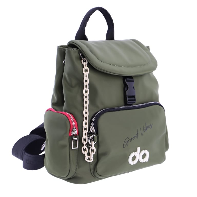 MOCHILA VERDE DE SOLAPA Y CREMALLERA DE COLORES