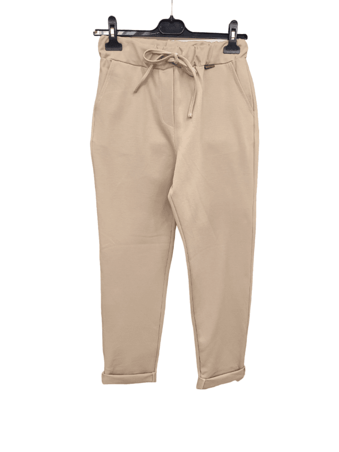 Pantalón beige punto Roma con cordon en la cintura