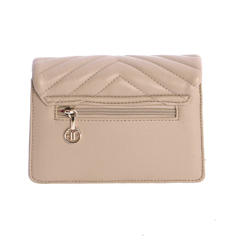 Bolso pequeño en color beige con asa de cadena dorada de E Ferri