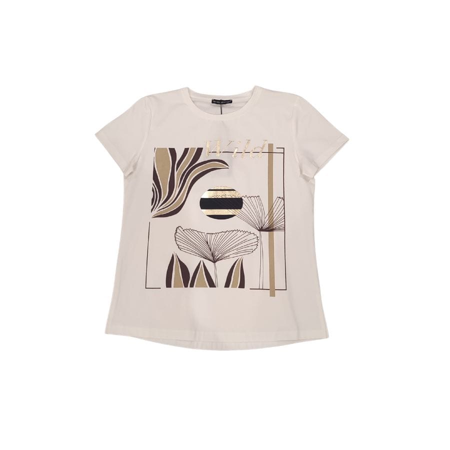 Camiseta blanca de Ian Lambert con motivo en colores tostados y dorados