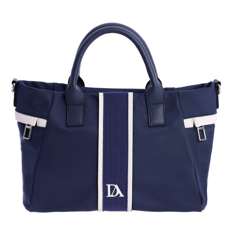 Bolso de mano con asa bandolera ajustable en color azulón combinado con blanco de Don Algodon