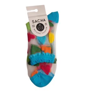 Calcetines transparentes de sacha con corazones en turquesa, verde, rojo, naranja y amarillo