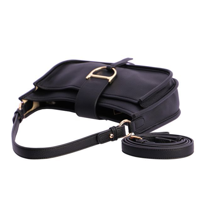 Bolso negro tipo bandolera con hebilla dorada metalica de Don Algodon
