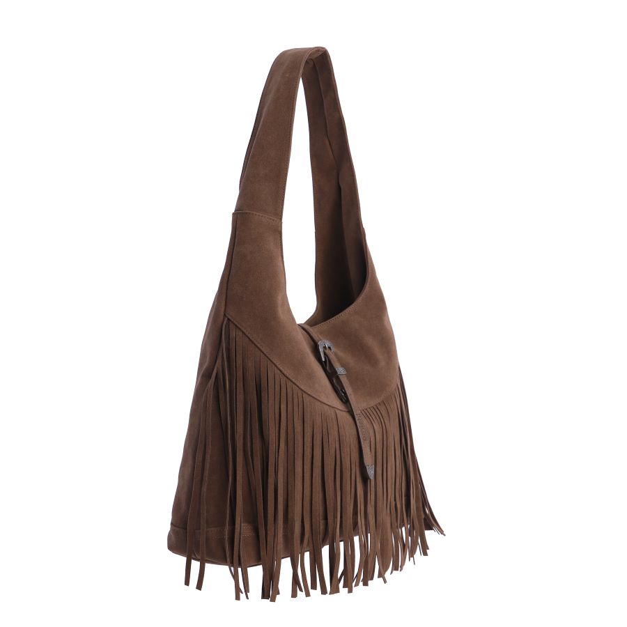 Hobo bag marrón con detalle étnico cómoda y versátil con cierre con hebilla decorativa y flecos de Amichi