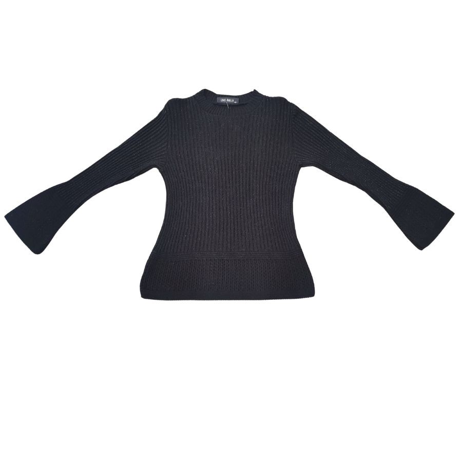 Jersey de punto acanalado con mangas de campana y cuello redondo en color negro con lúrex