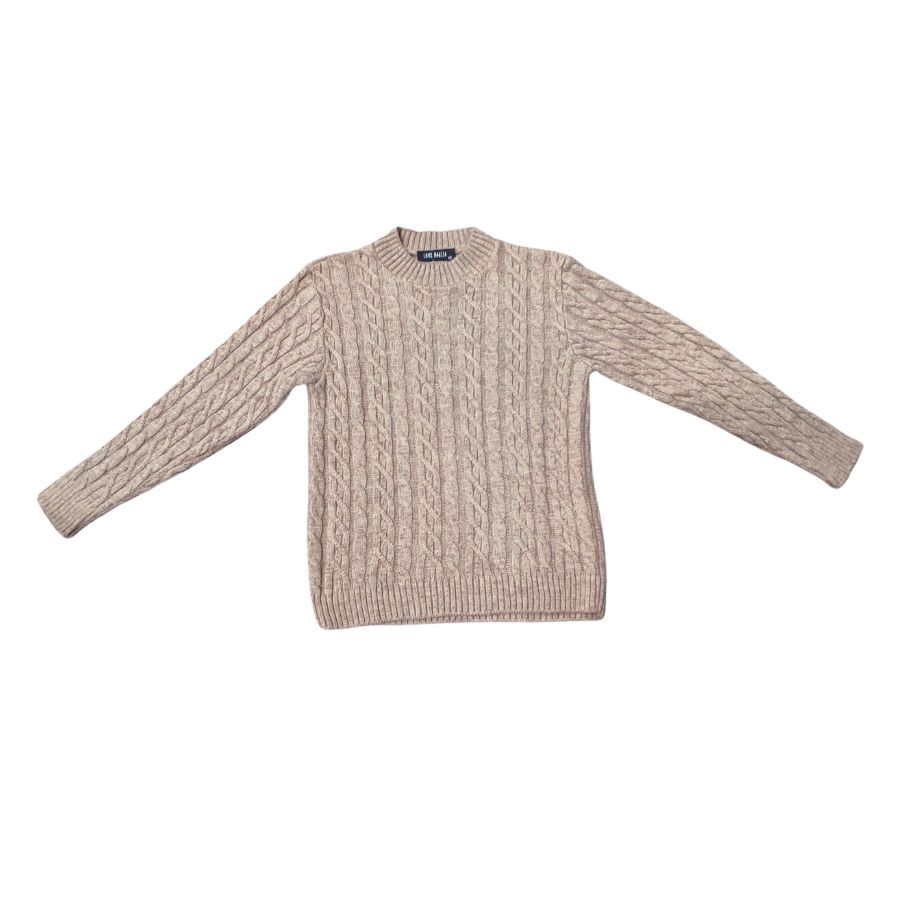 Jersey marrón de punto trenzado cuello redondo y fabricado en España