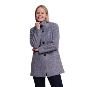 Nuestro abrigo Azay jaspeado de corte medio es la prenda esencial para el frío. Confeccionado en un tejido tipo tweed o bouclé en una sofisticada mezcla de gris, azul y negro, ofrece calidez y un estilo impecable.
