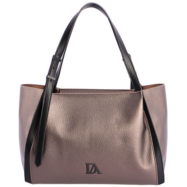 Set Dos Bolsos Versátiles. Bolso grande Shopper/Tote en color estaño metálico con textura. Piel sintética de alta calidad y asas ajustables en color negro. Llévalo todo con estilo.