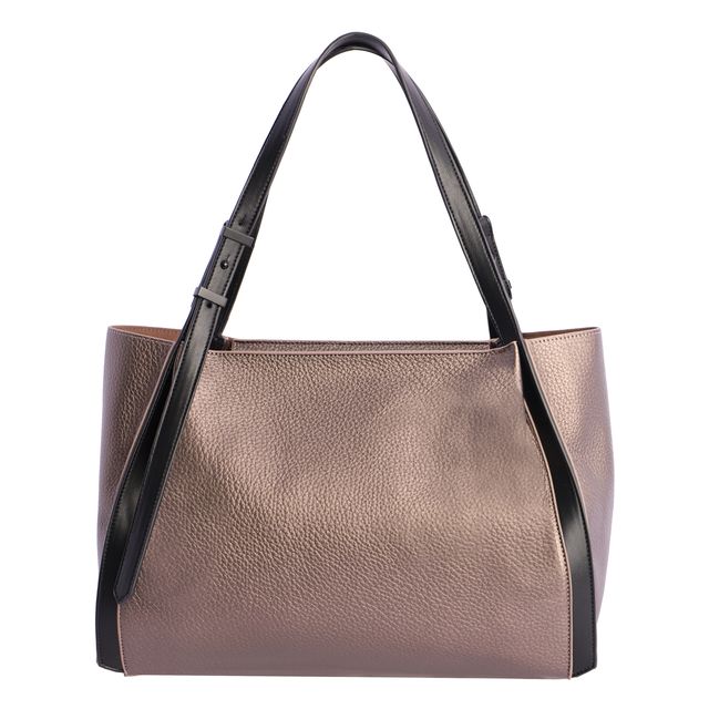 Set Dos Bolsos Versátiles. Consigue un look sofisticado con este bolso de hombro DA. Acabado metálico bronce/cobre y asas negras contrastantes. Ideal para el día a día o eventos.