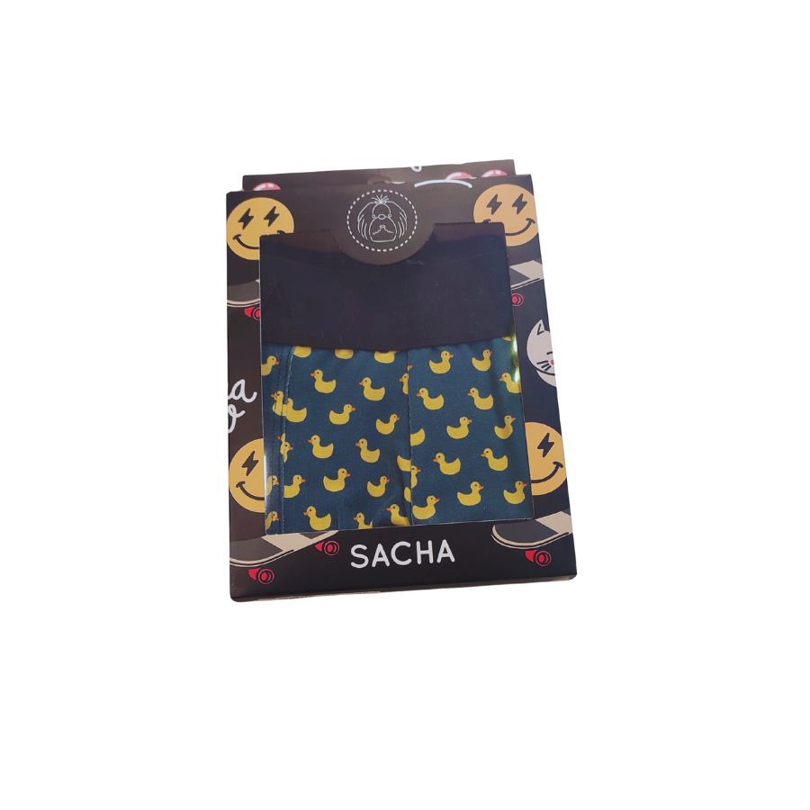 Boxer Sacha Patos Amarillos. Ropa interior divertida con estampado de patitos amarillos sobre fondo azul. Máximo confort y estilo lúdico.