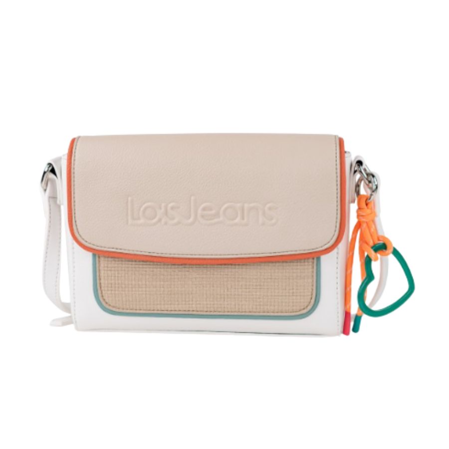 Bandolera Versátil Lois. Elegante diseño tricolor con solapa blanca, frontal texturizado y un fino ribete azul que resalta su contorno.