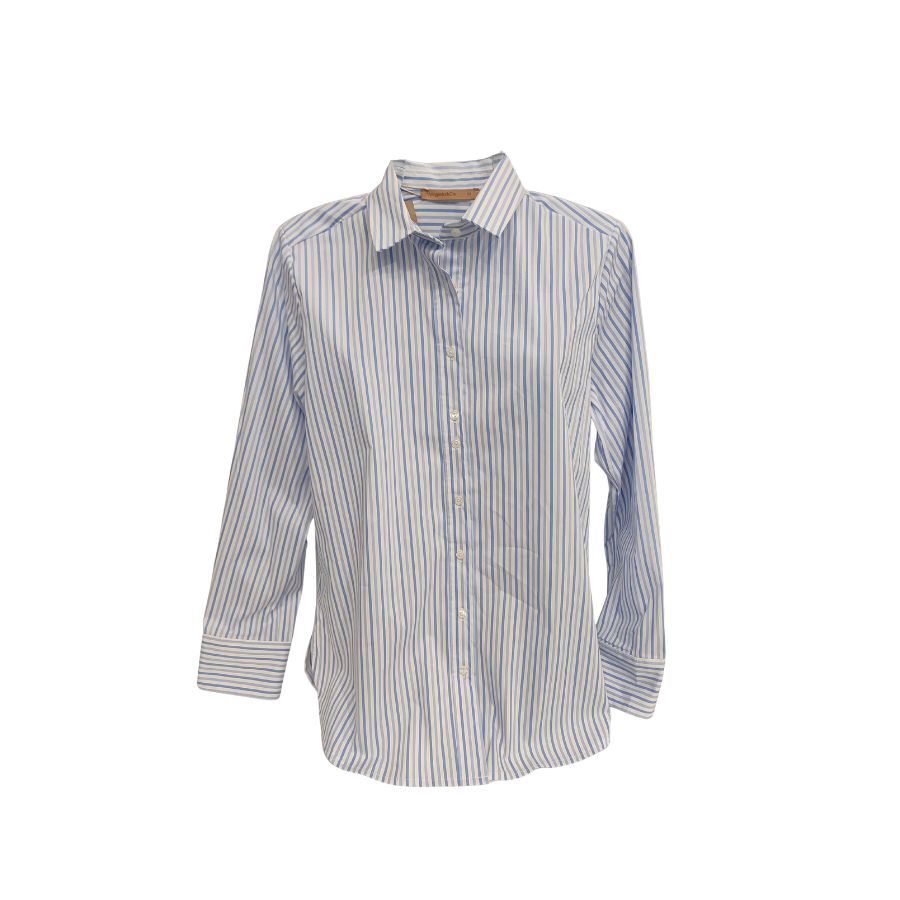 Camisa Rayas Azules Mujer. Blusa ligera de rayas con acabados elásticos en puños y cintura para un ajuste cómodo.