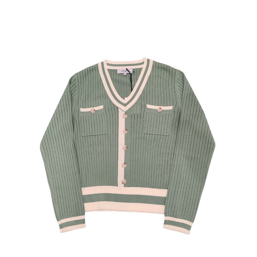 Jersey Efecto Chaqueta Amichi. Jersey efecto Cárdigan de corte clásico con textura de líneas verticales y botones efecto carey.