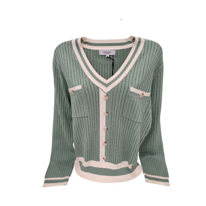 Jersey Efecto Chaqueta Amichi. Prenda de punto ligera con diseño de rayas blancas en cuello, puños y bajo.