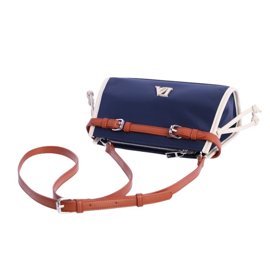 Bolso Bandolera Mujer Azul. Bolso Don Algodon tricolor azul, beige y camel con correas ajustables.