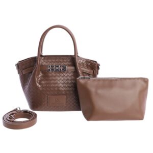 Bolso marrón trenzado elegante. Bolso de mano Don Algodon color chocolate con textura trenzada y cierre metálico plateado.