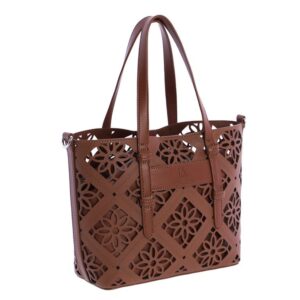 Bolso Shopper Marrón Mujer. Bolso de hombro color chocolate con troquelado floral de alta precisión. Estilo campero y elegante. Incluye organizador interno y bandolera.