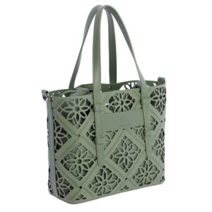 Bolso Shopper Verde Mujer. Bolso de hombro estilo shopper con diseño troquelado floral. Incluye neceser interior extraíble y bandolera ajustable.