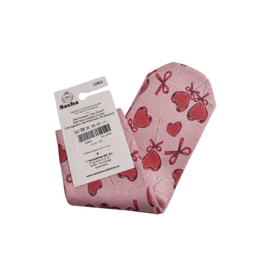 Calcetines Brillo Corazones Sacha. Calcetines de mujer marca Sacha en color rosa con hilo de lurex metalizado. Diseño romántico de corazones y lazos, perfectos para un look original y chic.