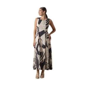 Vestido Midi Estampado Bicolor. Vestido midi don algodon bicolor con cuerpo negro y falda beige claro.