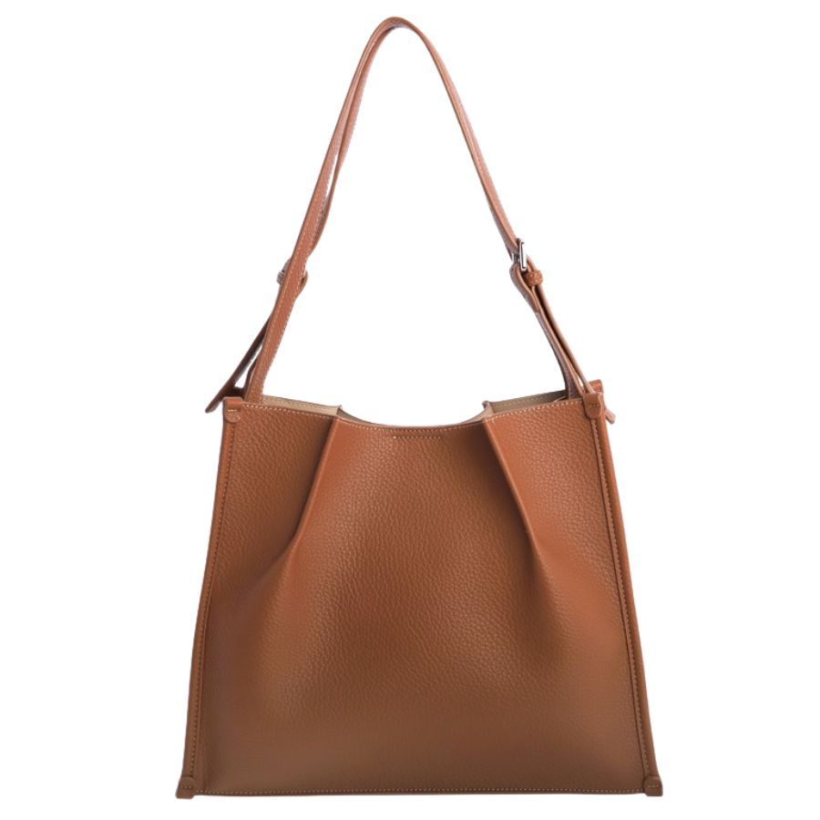 Bolso Shopper Cuero Mujer. Bolso tote Don Algodon color marrón chocolate con neceser a juego y costuras reforzadas de alta durabilidad para tienda online.