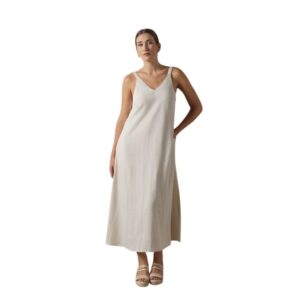 Vestido Midi Lino Tirantes. Vestido largo de tirantes DON ALGODON en color natural con bolsillos laterales
