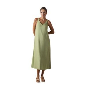 Vestido Midi Lino Verde. Vestido midi de tirantes DON ALGODON en color verde, con bolsillos y caída fluida de lino y rayón