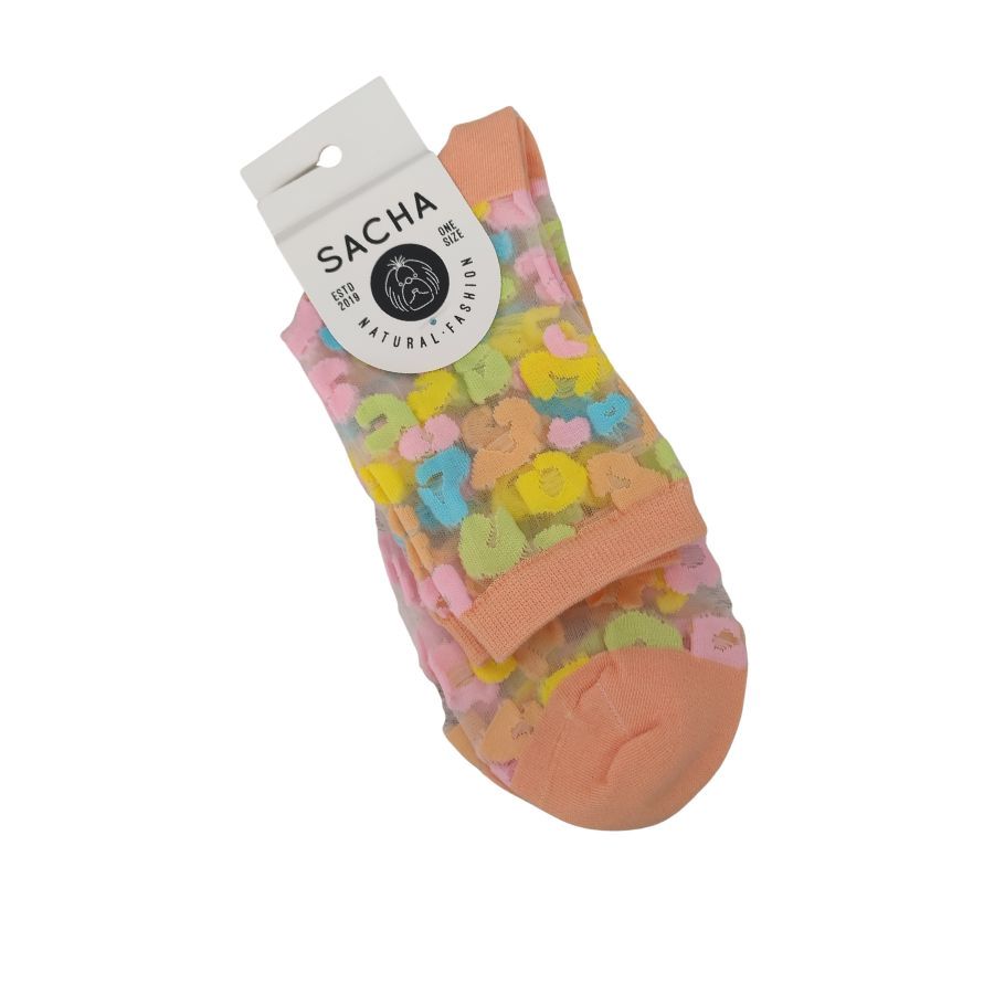 Calcetines Transparentes Fantasia Sacha. Calcetines transparentes de mujer con original diseño geométrico texturizado en tonos pastel (azul, amarillo, rosa). Comodidad y estilo único en un solo accesorio.