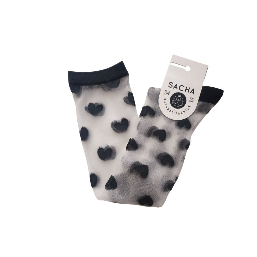 MinimediasTransparentes de Sacha. Minimedias cortas de mujer con motivos de corazones negros y puño elástico suave. El accesorio de moda perfecto para lucir cómodamente con calzado abierto o zapatillas urbanas.