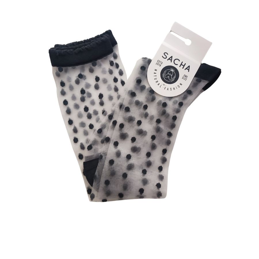 Minimedias Transparentes de Sacha. Minimedias cortas transparentes de fantasía con estampado de lunares negros y acabado elástico rizado. Un complemento fresco, ligero y de tendencia para transformar tu estilo al instante.