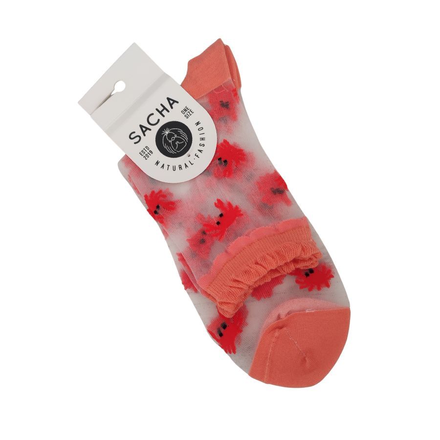 Calcetines Transparentes Fantasia Sacha. Divertidos calcetines de rejilla transparente con mini cangrejos de color rojo coral y puño rizado. El complemento veraniego perfecto para un look alegre.
