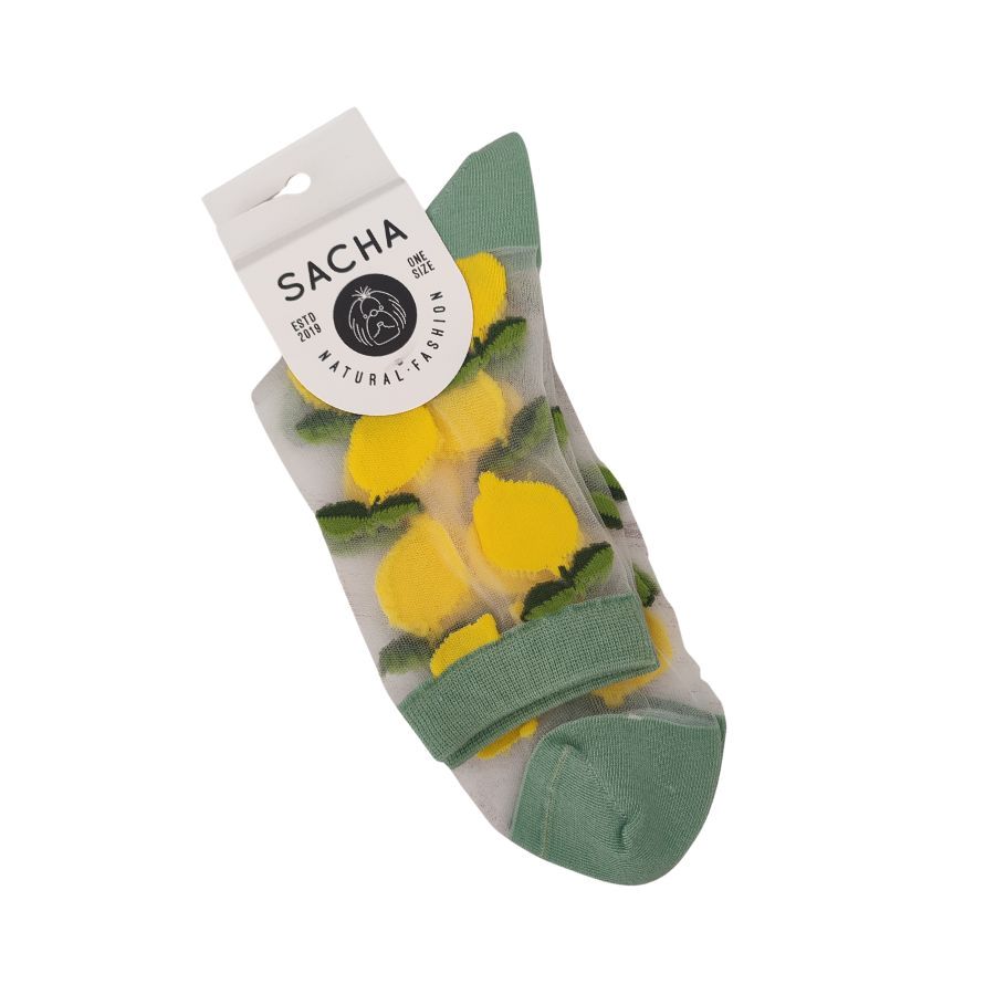 Calcetines Transparentes Fantasia Sacha. Calcetines de tul transparentes con divertido estampado de limones y detalles en verde. ¡Aporta un toque fresco, original y muy chic a tus looks diarios!