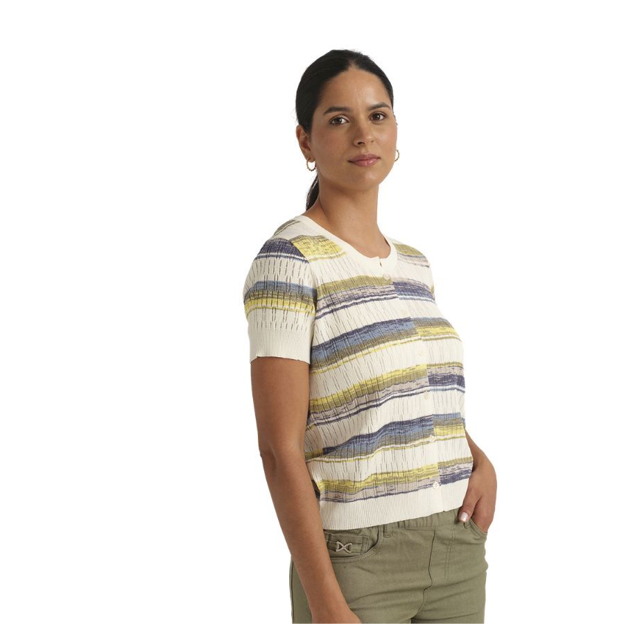 Camiseta Punto con Botones. Chaqueta de punto fino para mujer de la marca Azay con estampado liso de franjas de colores.