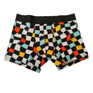 Bóxer Meta Original Sacha. Diseño de ajedrez psicodélico con ondas vibrantes en tonos naranja, amarillo y azul.