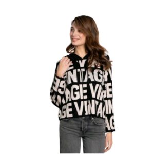 Jersey Punto Vintage Mujer. Sudadera de punto en contraste negro y beige con estampado de letras Vintage y capucha con cordones.