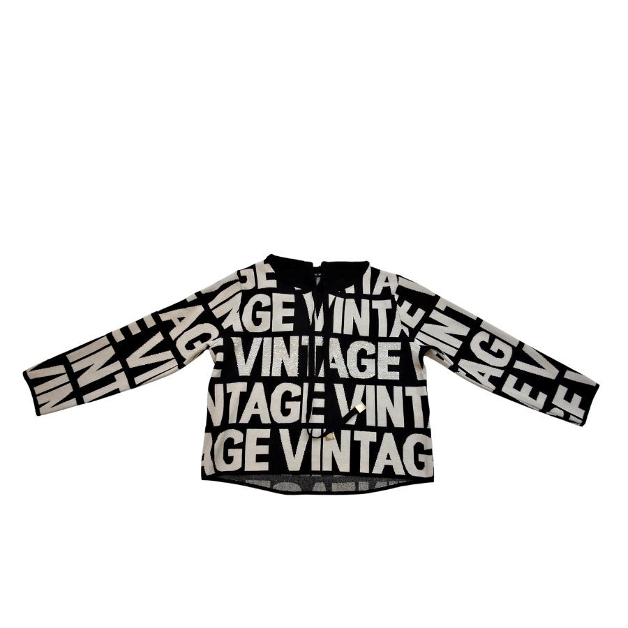 Jersey Punto Vintage Mujer. Sudadera de punto en contraste negro y beige con estampado de letras Vintage y capucha con cordones.
