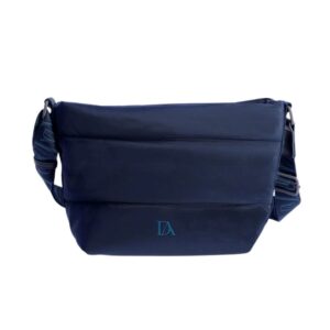 Vista frontal del bolso azul Don Algodon con bolsillo exterior de cremallera