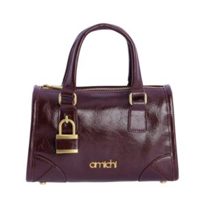 Vista frontal del bolso Amichi burdeos con dos asas y candado dorado