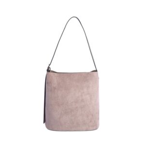 Vista frontal del bolso Amichi taupe con asa larga y logotipo
