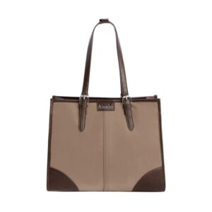 Vista frontal del bolso Amichi taupe con asas largas y detalles marrón oscuro