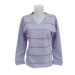 Jersey MCM mujer malva con cuello de pico y detalles horizontales
