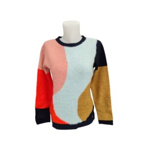 Jersey MCM de mujer multicolor con diseño geométrico en tonos rosa, azul, rojo y mostaza.
