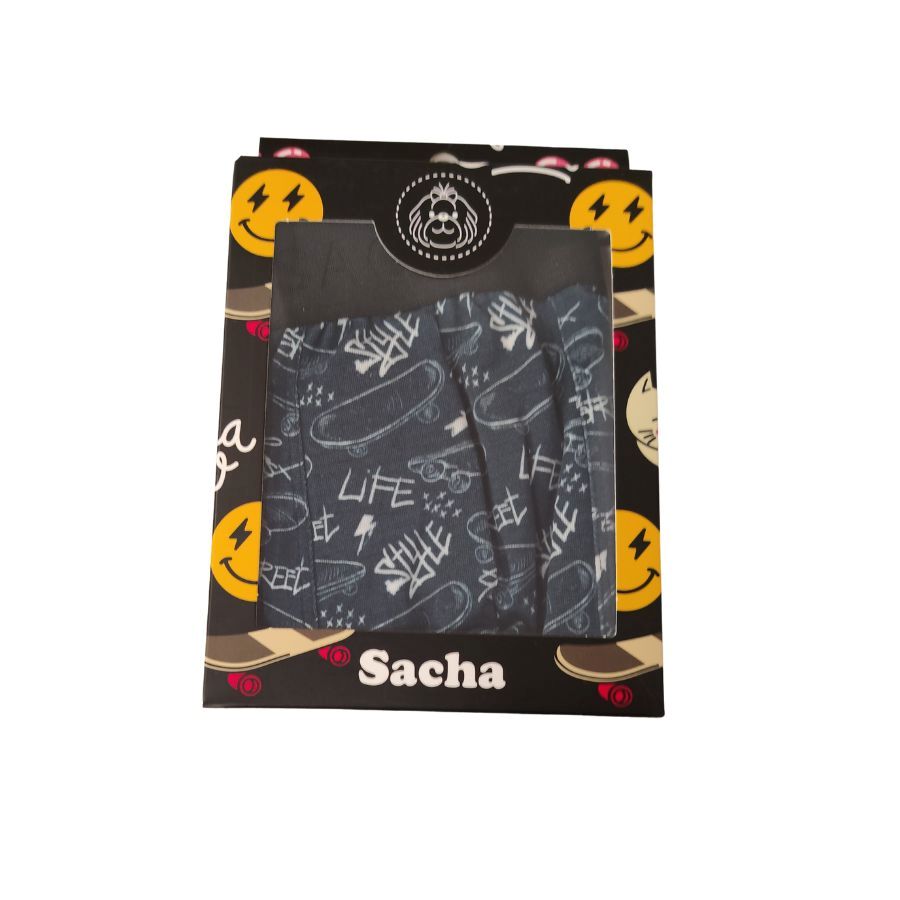 Bóxer Sacha con estampado skate presentado en su caja de la marca.