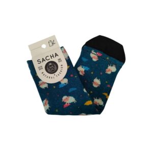 Calcetines Sacha de bambú con estampado de ovejas sobre fondo azul
