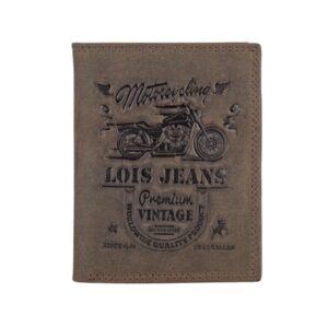 Vista en perspectiva de la cartera Lois marrón con ilustración de motocicleta en relieve.
