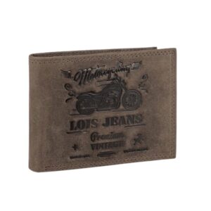 Cartera Lois marrón con ilustración de motocicleta en relieve sobre una superficie clara.