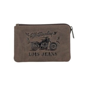 Vista frontal del monedero Lois marrón de la colección Dubbo con dibujo de motocicleta en relieve